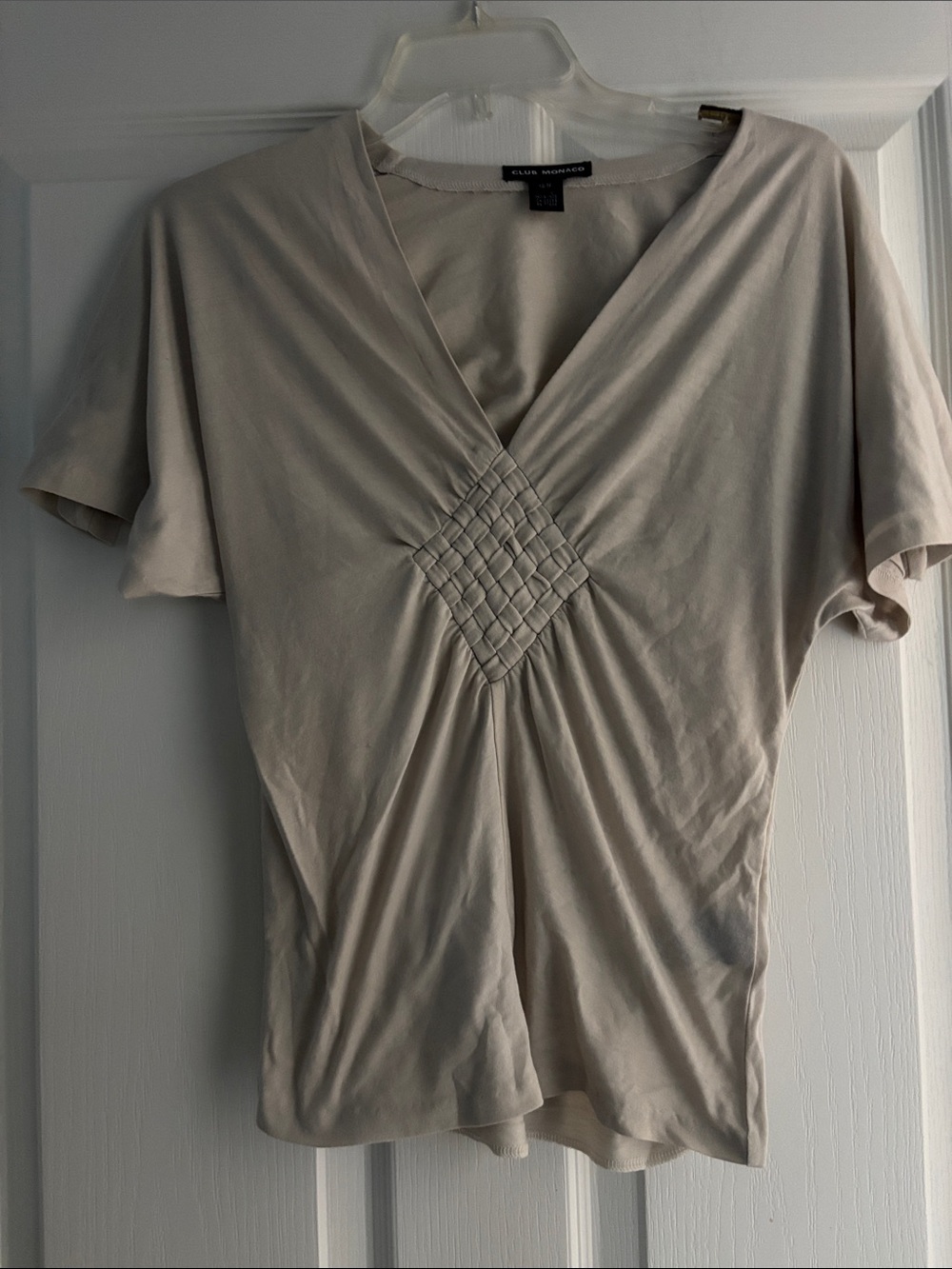 Club Monaco Taupe Short Sleeve V-Neck Top with Front Smocking Sz XS